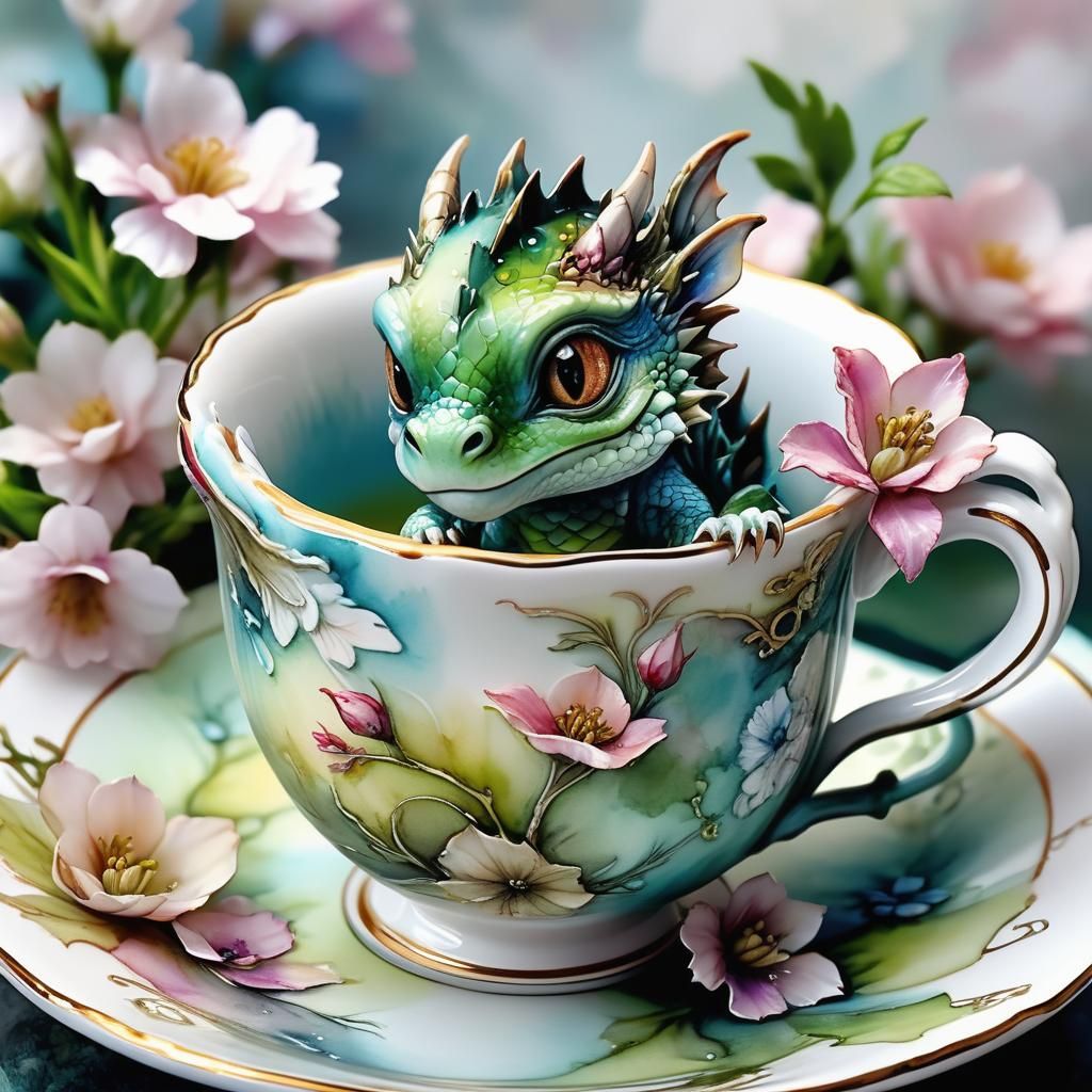 Baby Dragon in Teacup: Watercolor and Ink Art