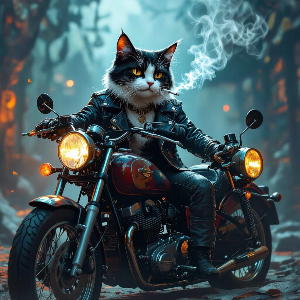 Cat in Leather Jacket Rides Vintage Motorbike