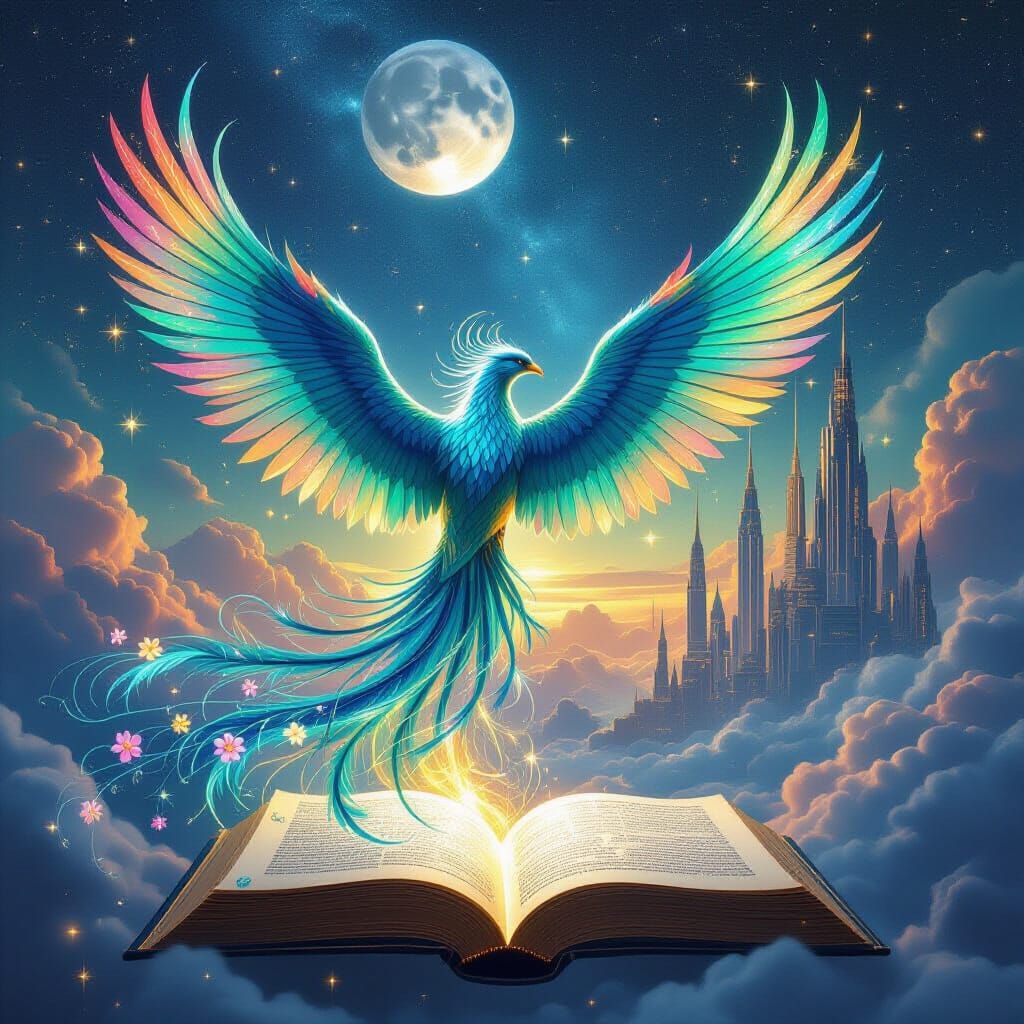 Celestial Phoenix Rises From Glowing Book Over Futuristic Ci...