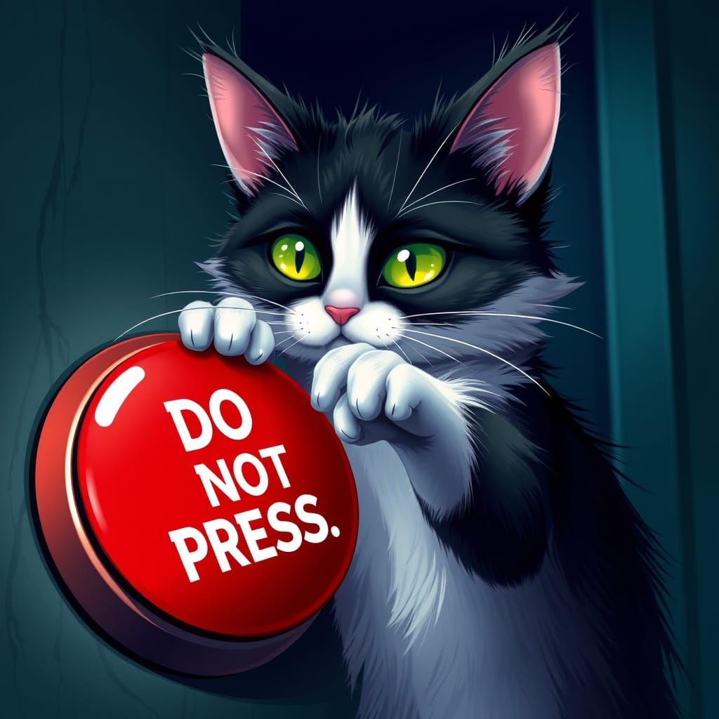 Furry Feline Tempts Fate with Shiny Red Button