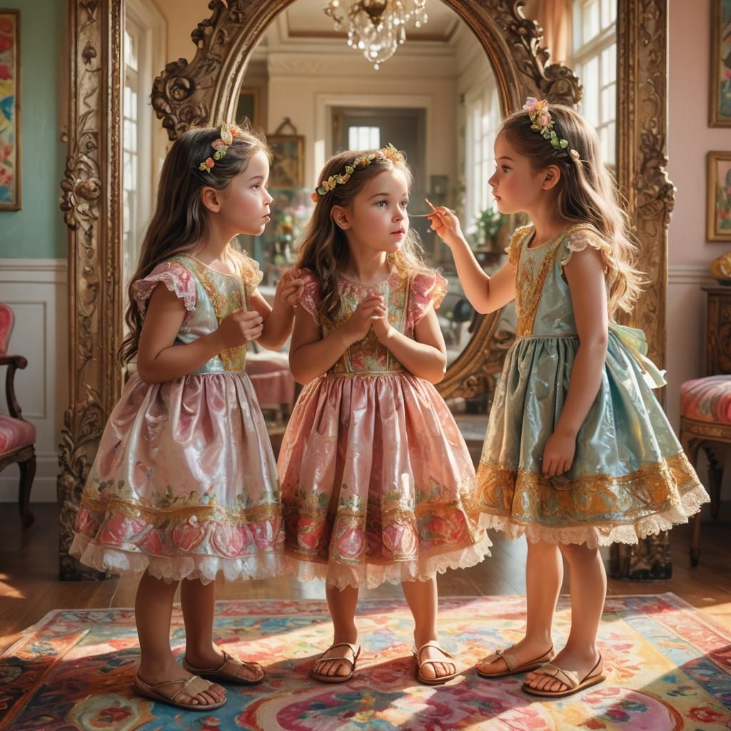 Joyful Twins Kissing in Sunny Room: Hyperrealistic Art