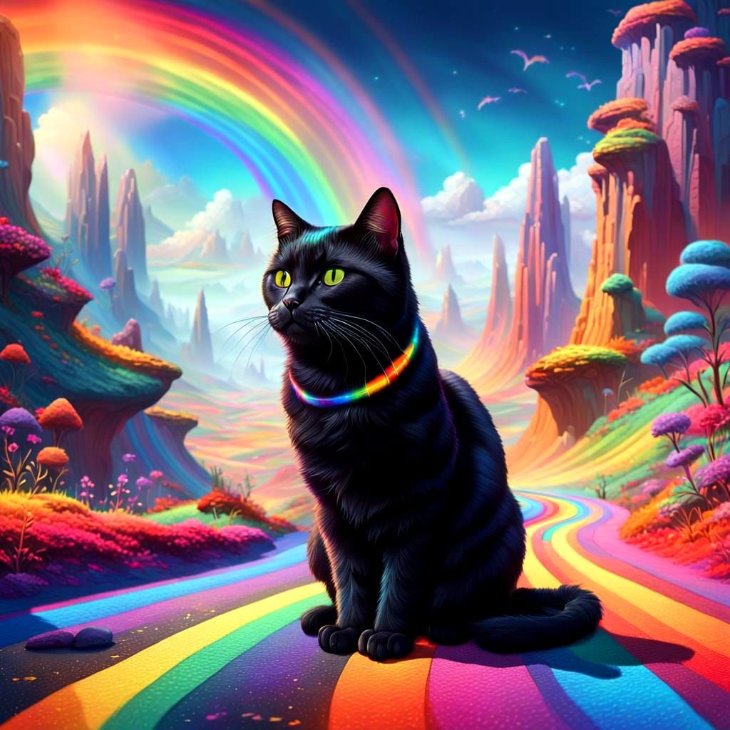 Black Cat on Rainbow Road in Wonderland Style