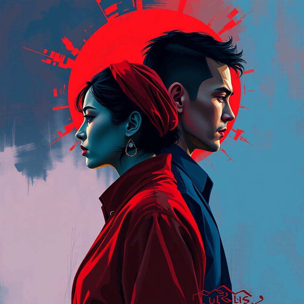 Symbolic Confrontation in Vibrant Digital Painting