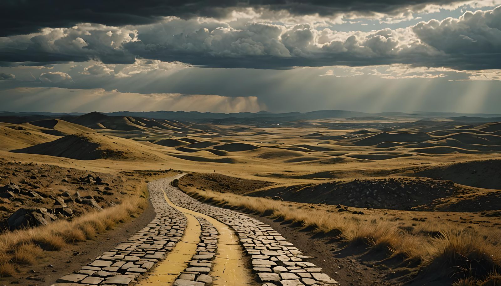 Dramatic Yellow Brick Road Through Desolate Landscape