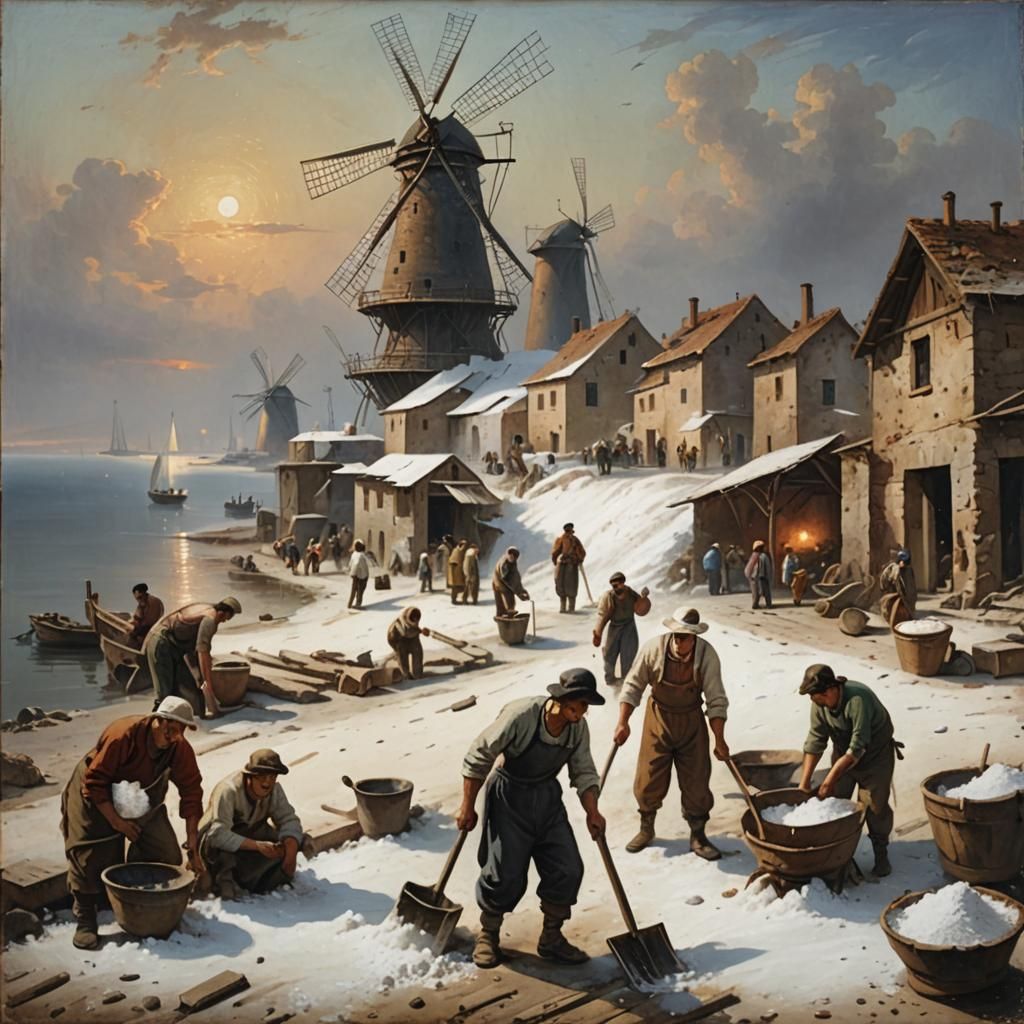 Saltworks Scene with Windmill in Italian Style