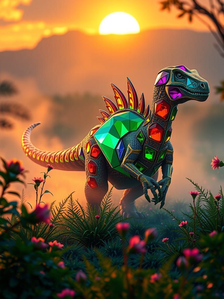 Ethereal Gemstone Dinosaur in Emerald Misty Meadow