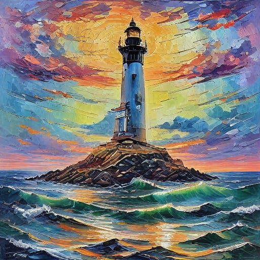 Impasto Lighthouse Scene with Seamless Textures and White Ca...