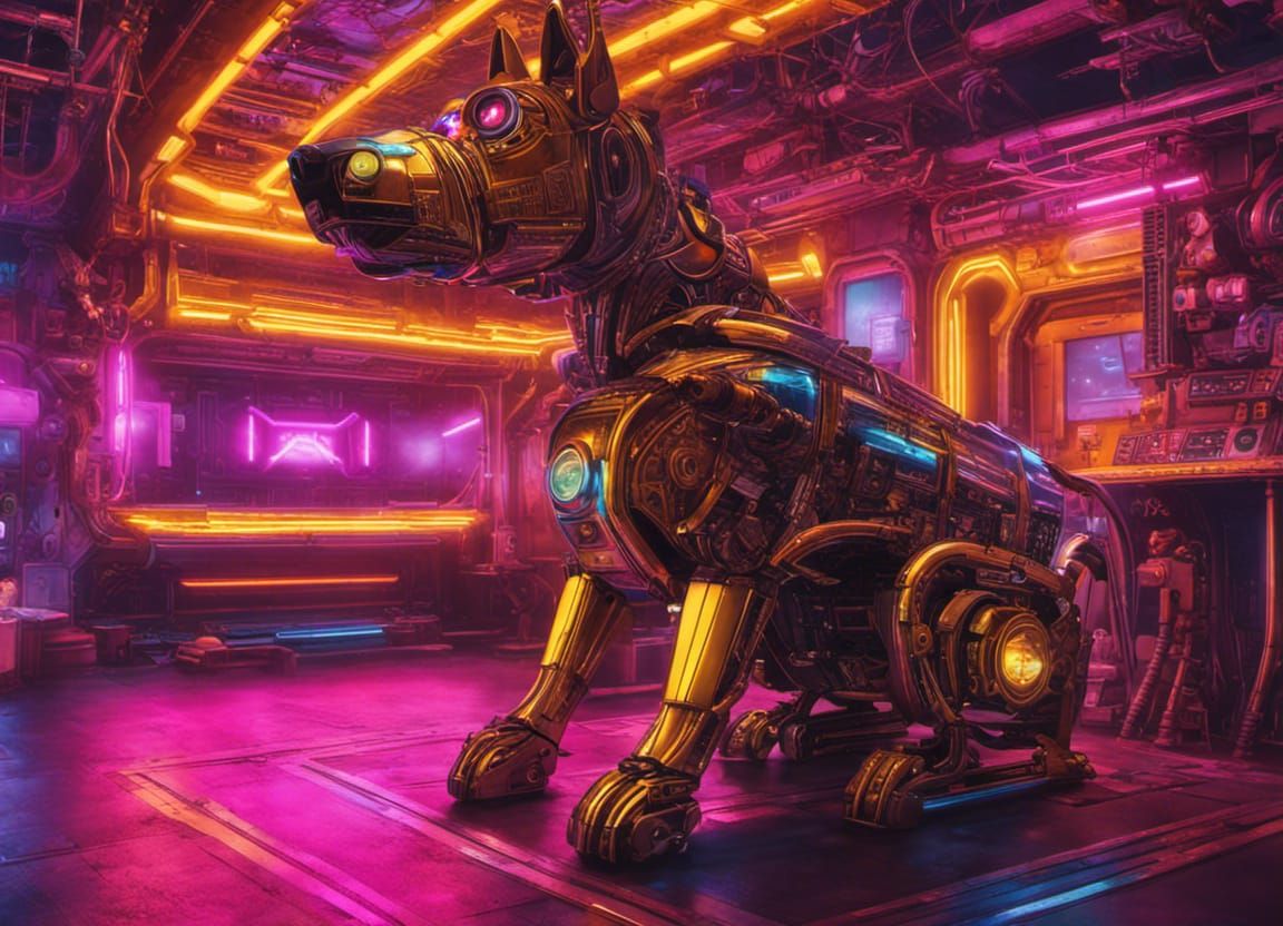 Steampunk Robot Dog Inside Cyberpunk Spaceship