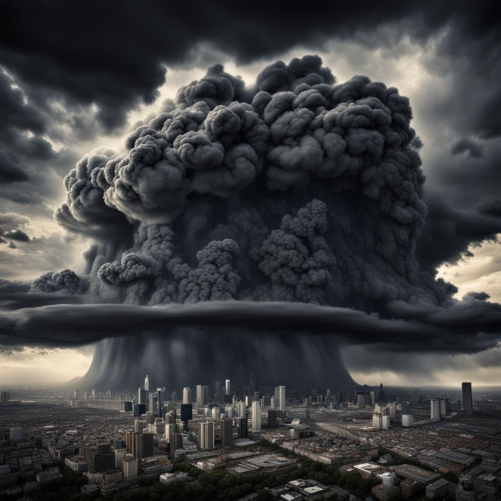 Giants Fleeing a Black Cloud Over the City