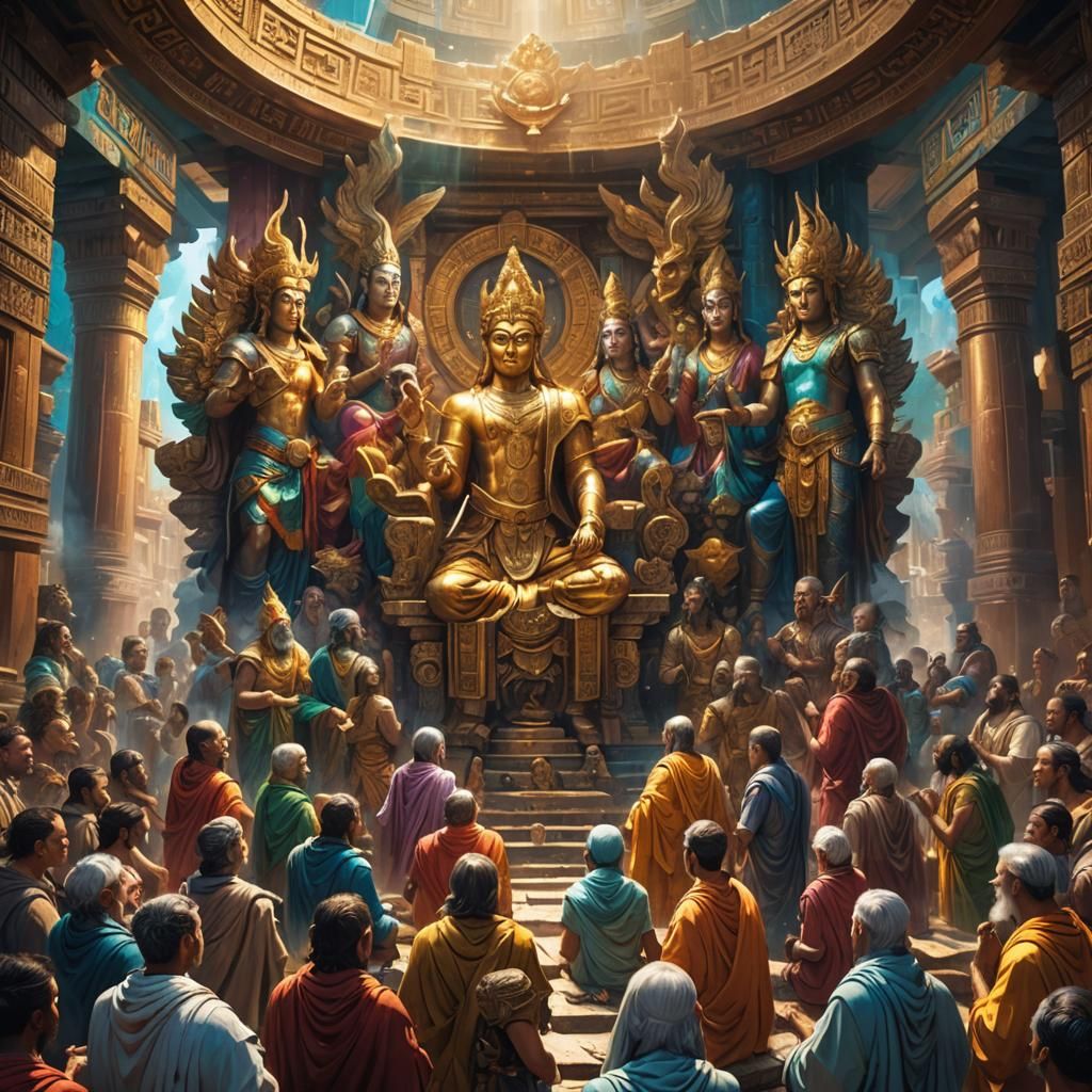 Gods Meeting in Sacred Temple: Hyperrealistic Concept Art