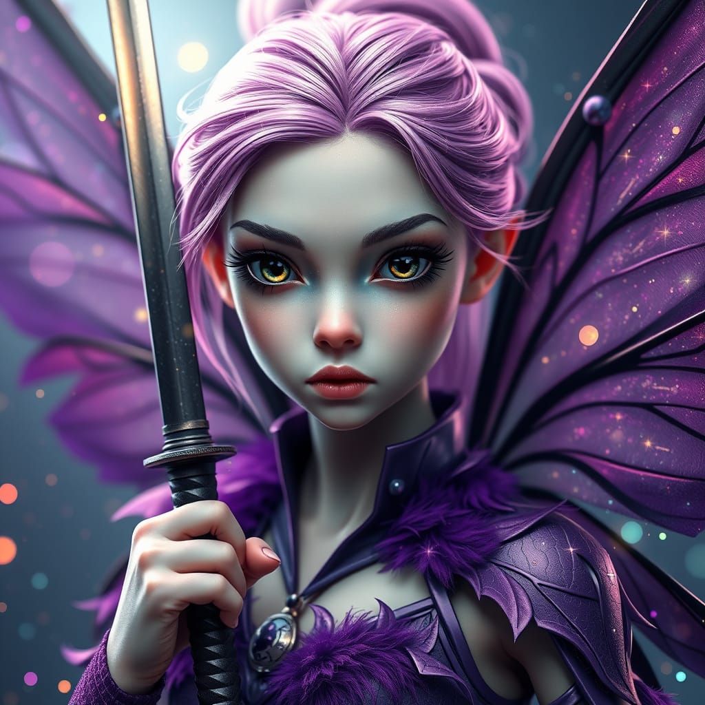 Cyberpunk Fairy with Dark Wings and Futuristic Sword