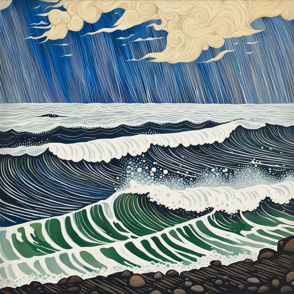 Melancholic Seascape: Rain into the Sea, Gouache Painting