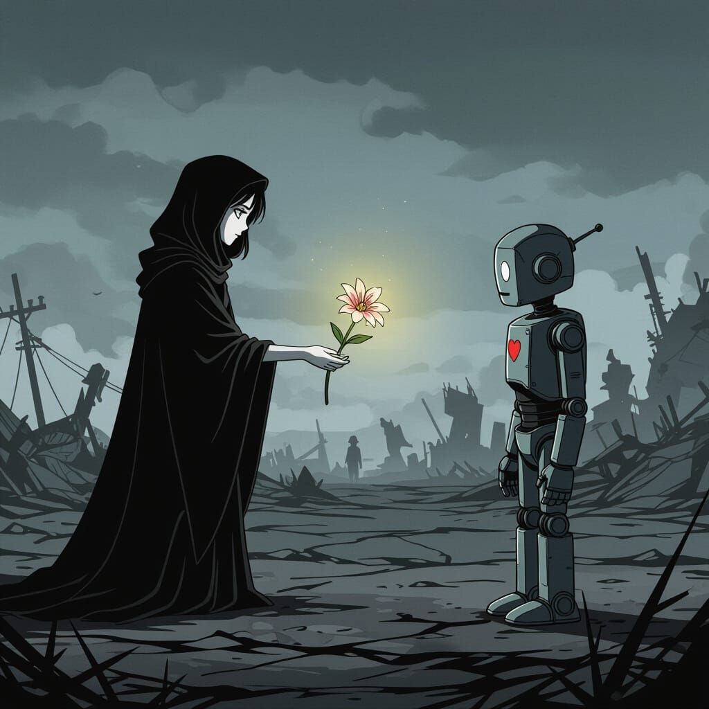 Tentative Peace Between Figure and Robot in Dark Fantasy Sty...
