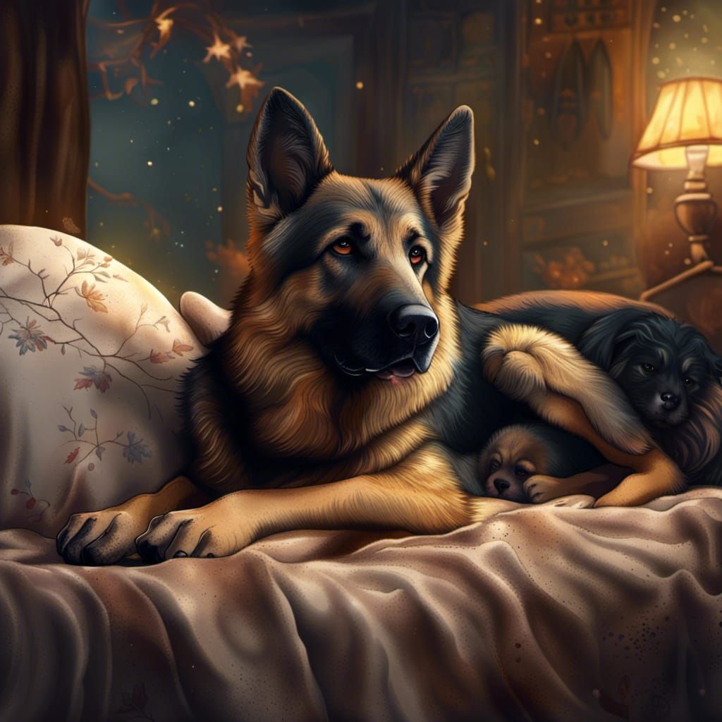 German Shepherd and Stuffed Animal: Detailed Matte Painting
