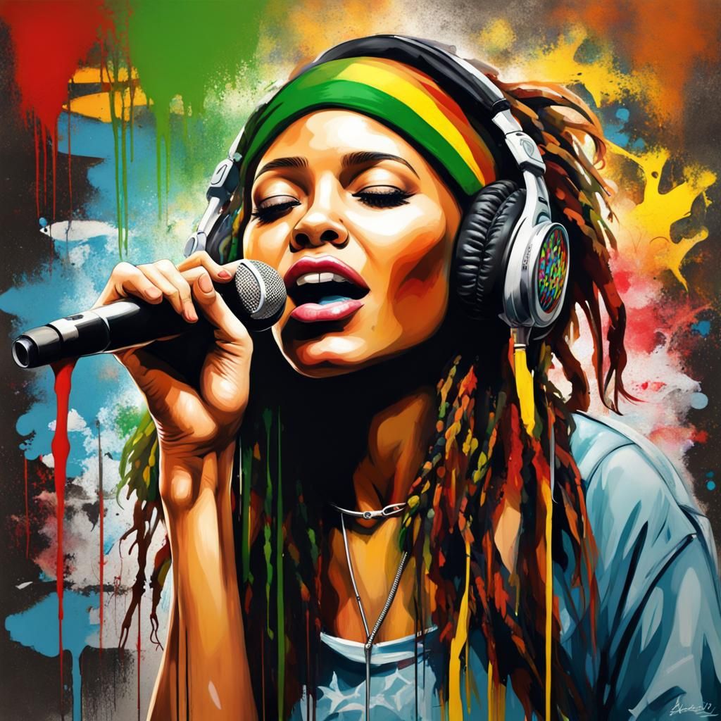 Girl Singing Reggae in Graffiti Street Art Style