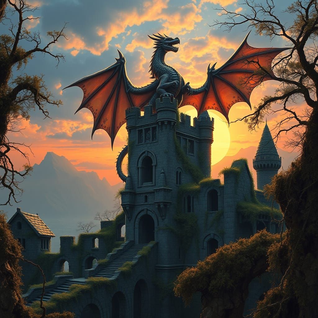 Dragon Reigns Over Sunset Castle Ruins