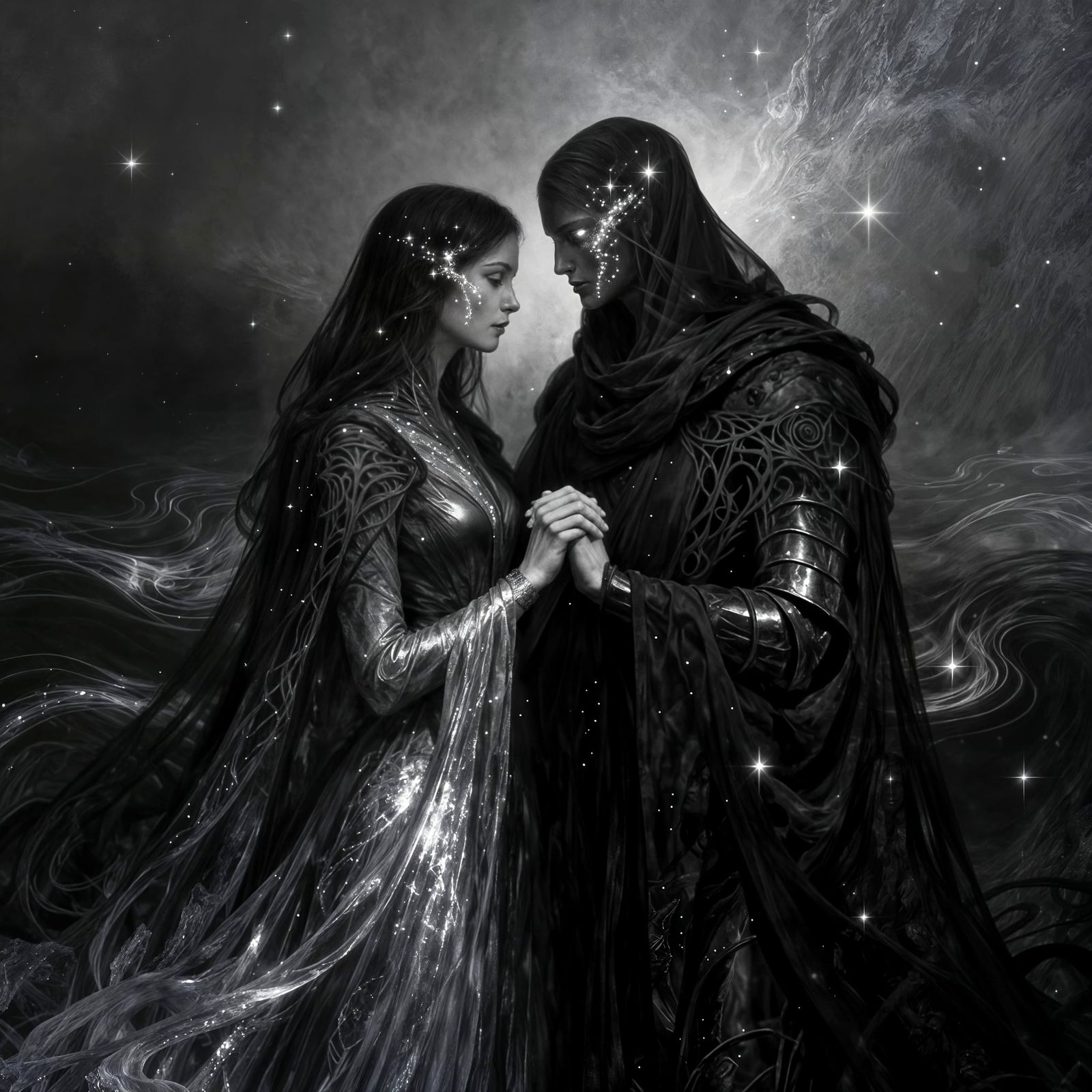 Mysterious Fantasy Couple in Shadow and Starlight