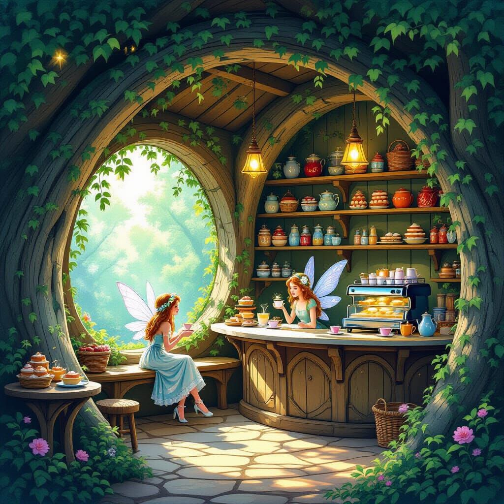 Magical Woodland Cafe with Faeries Serving Stardust Lattes