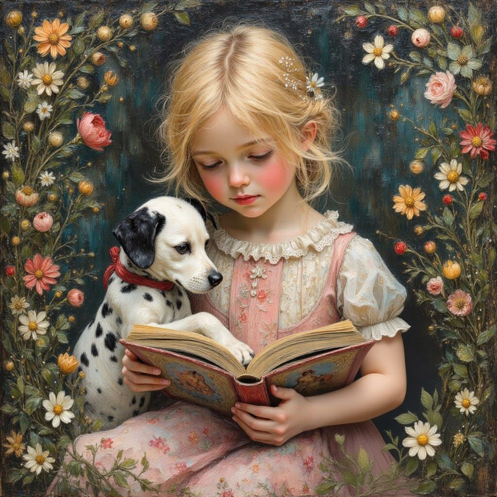 Girl Reads to Puppy in Garden: Impasto Oil Painting