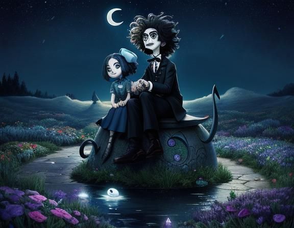 Children on the Moon in Tim Burton Style