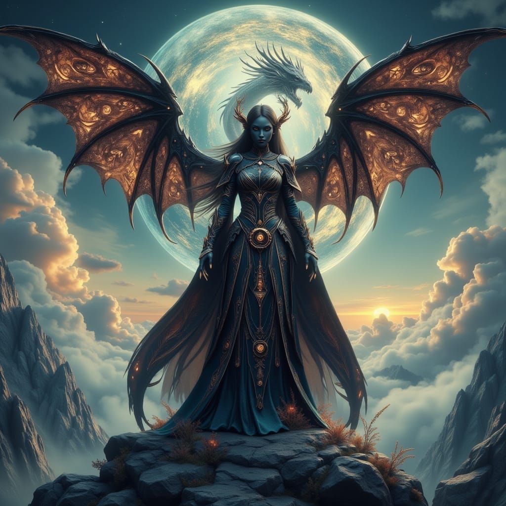 Dark Elf Ninja on Mountain Peak in Neo-Baroque Style