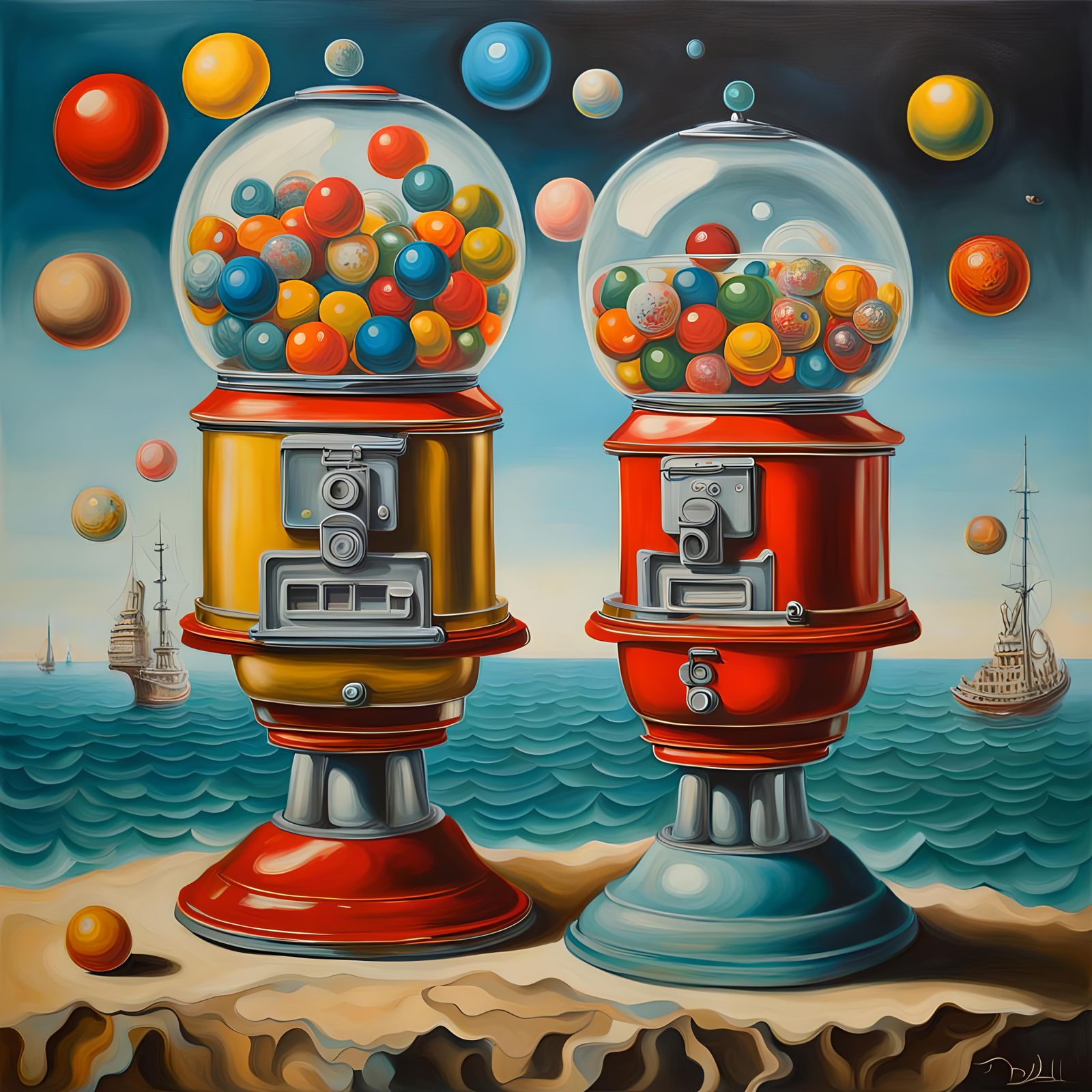 Surreal Gumball Machine Merging Selves in Dreamscape