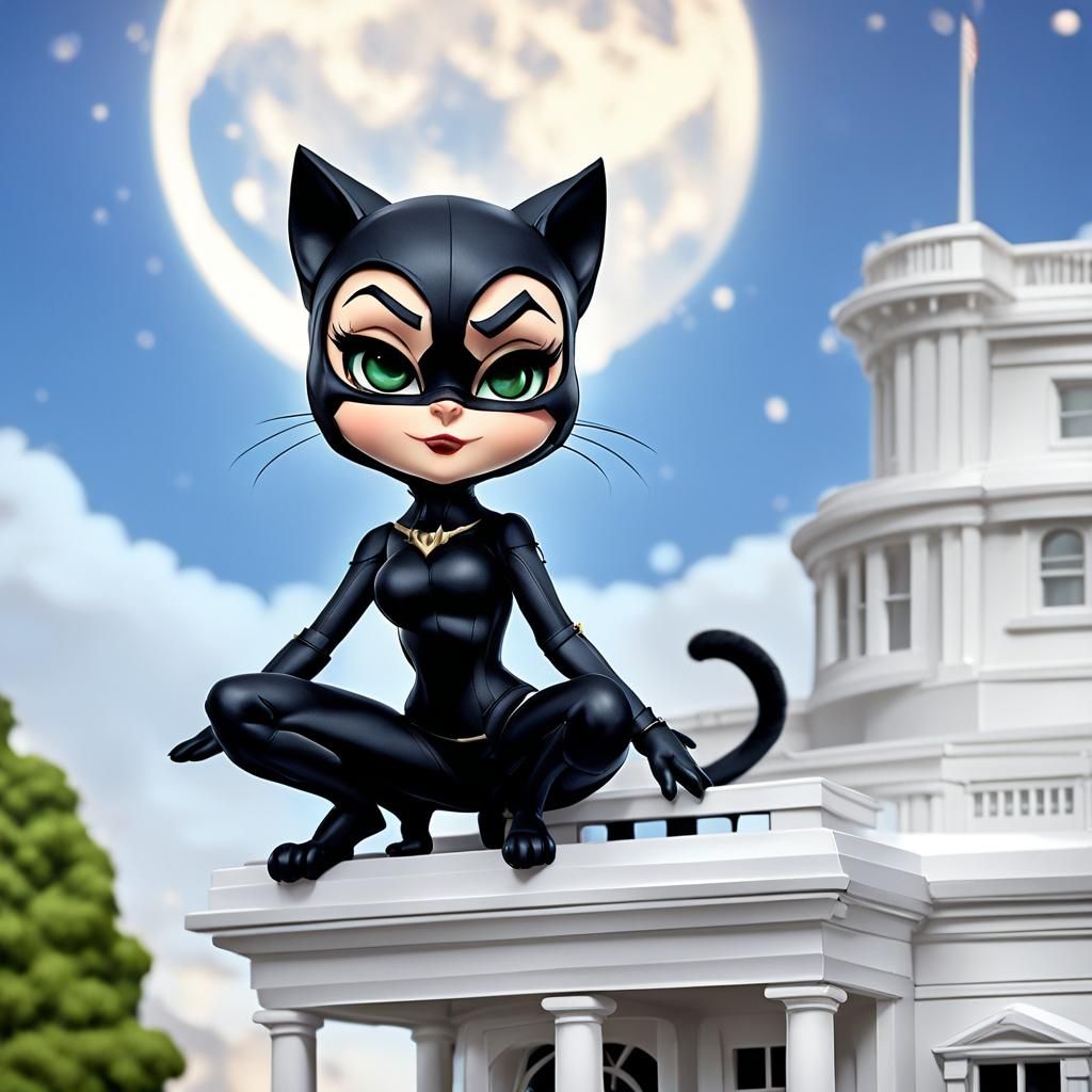 chibi art of Catwoman perched on the roof of the White House