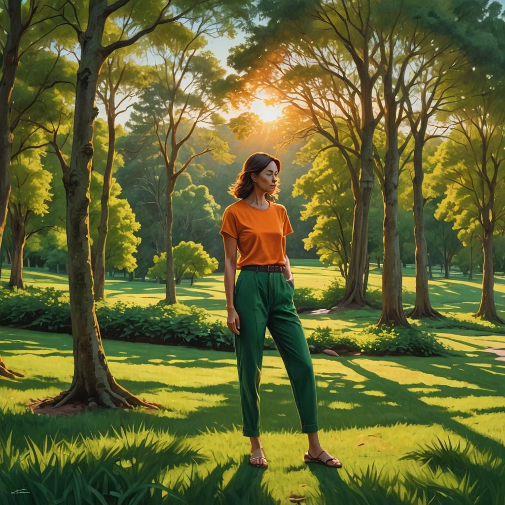 Woman in Orange and Green Amidst Verdant Landscape