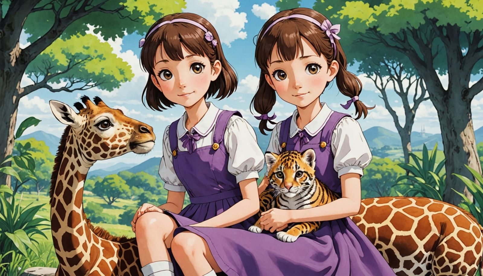 Girl Rides Giraffe with Tiger Cub: Manga Illustration
