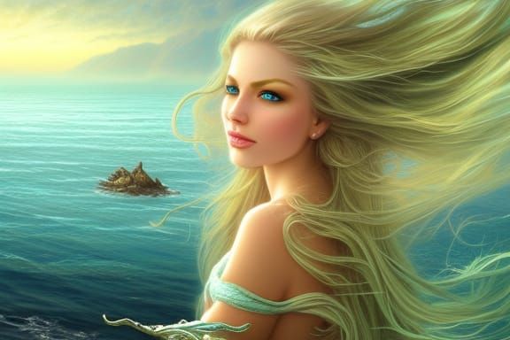 Elegant Sea Maiden with Blonde Hair on Shore
