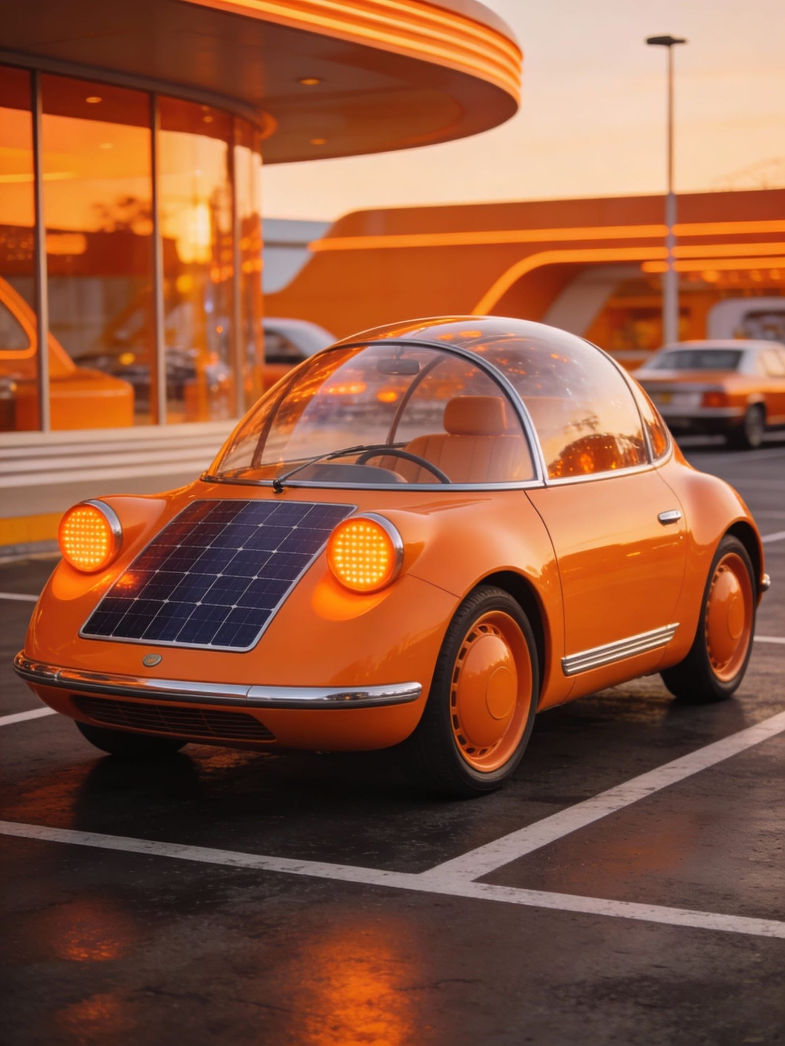 Retro-Futuristic Solar Car in Orange Glow