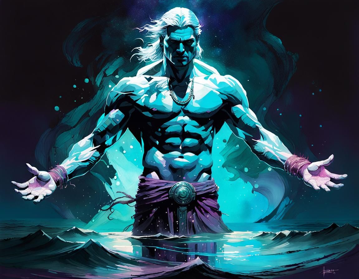 Ancient God Glowing in the Ocean, Watercolor Art