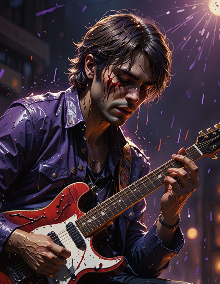 Guitarist's Emotional Moment in Hyper-Realistic Concept Art