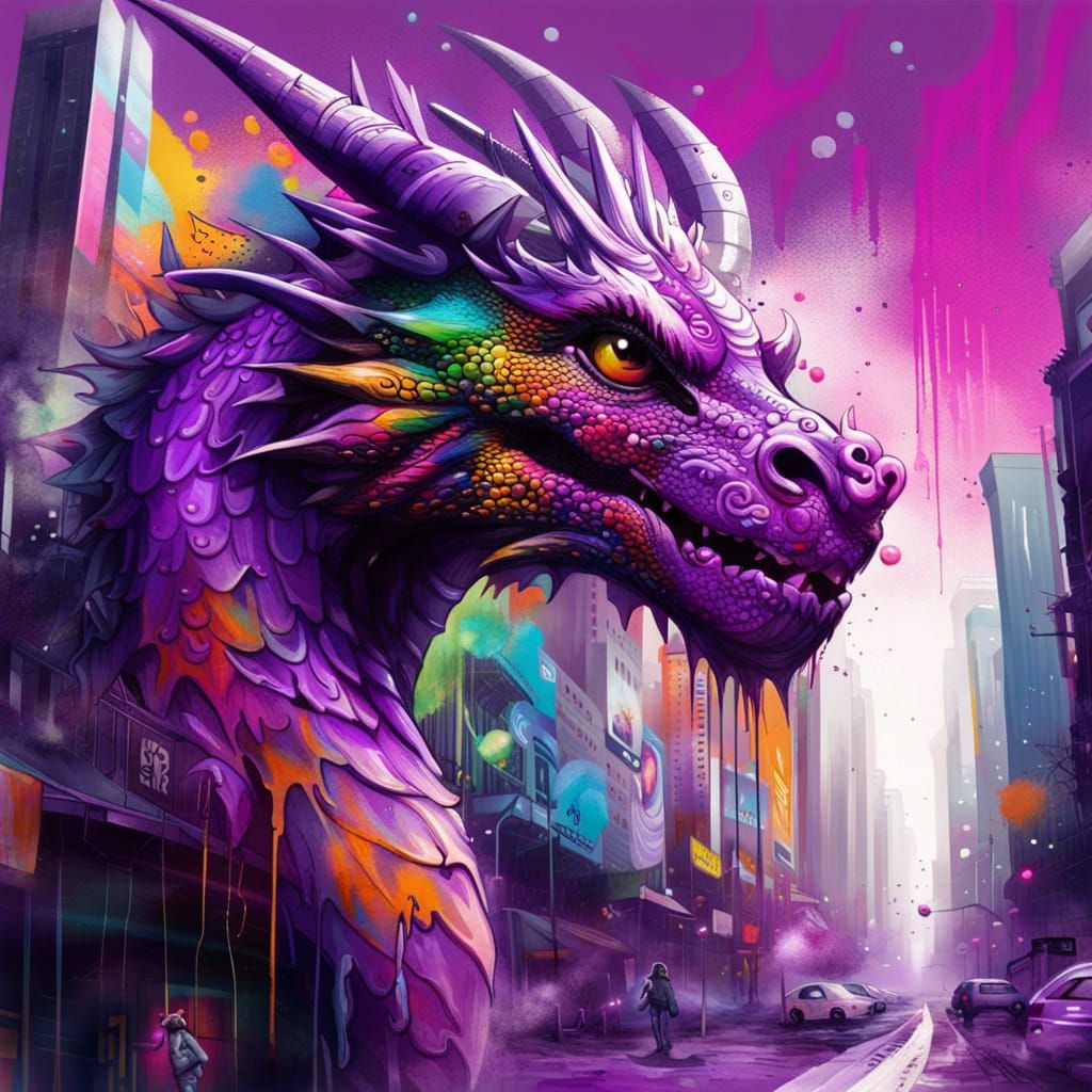 Futuristic Purple Dragon in Graffiti Art Style
