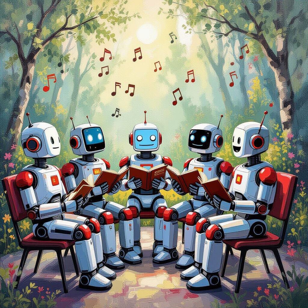 Robots Sing a Beautiful Song: Gouache Painting