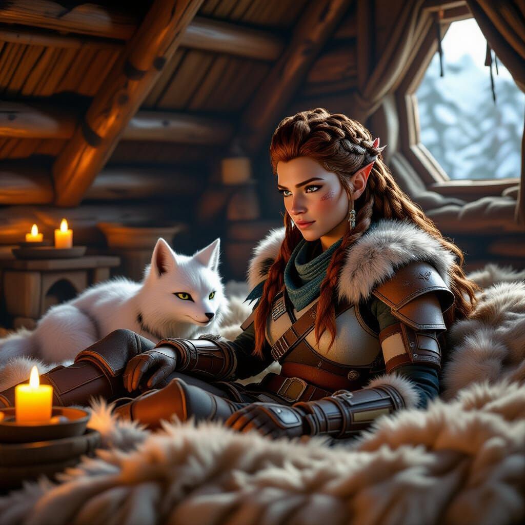 Aloy and White Bri in Cozy Lodge, Anime Style
