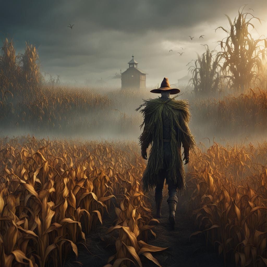 Foggy Cornfield Scarecrow in Detailed Matte Painting