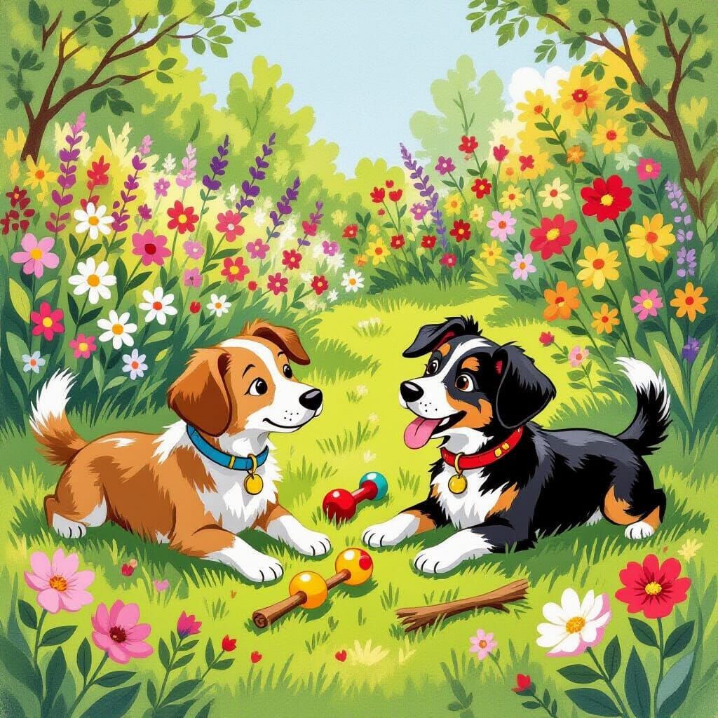 Dogs Play in Flower Garden in Whimsical Style