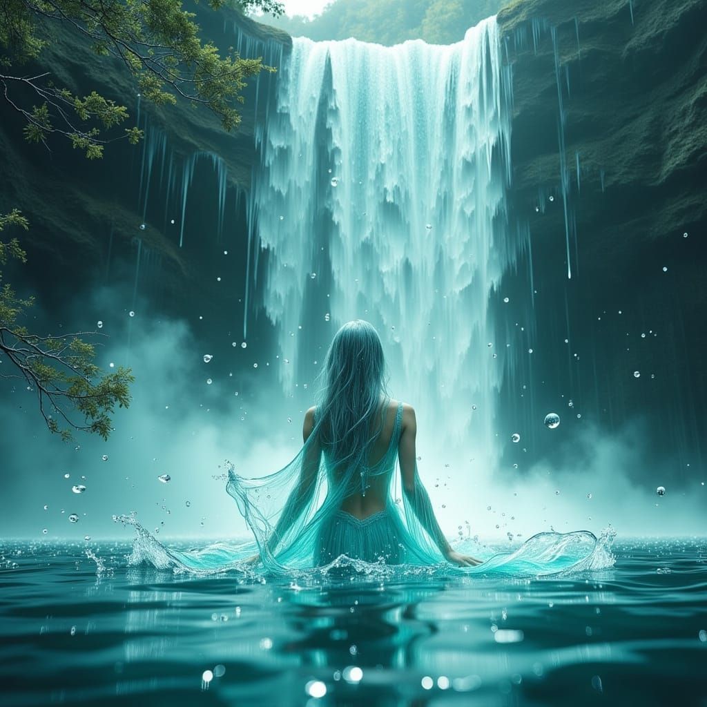 Water Nymph Plays by Glimmering Waterfall