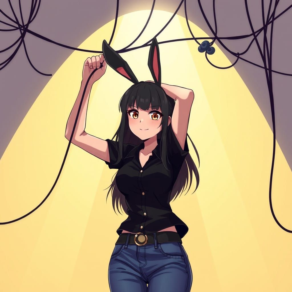 Anime-Inspired Woman Cleans Wires with a Smile in a Cyberpun...