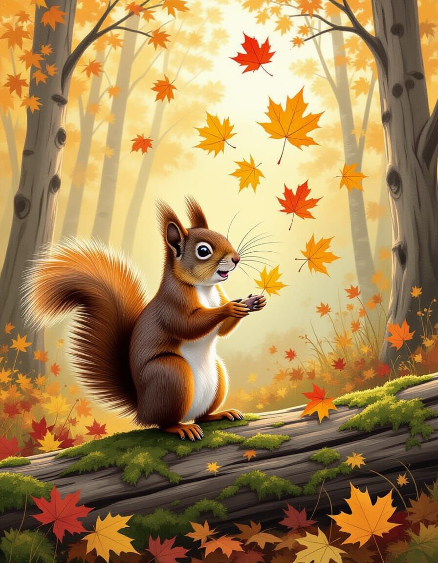 Mischievous Squirrel Tosses Yellow Maple Leaves in Fall Fore...