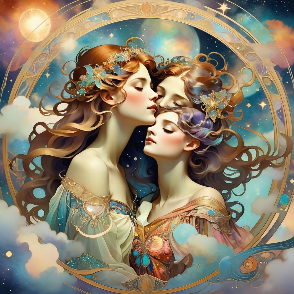 Celestial Beings Dancing in Art Nouveau Style