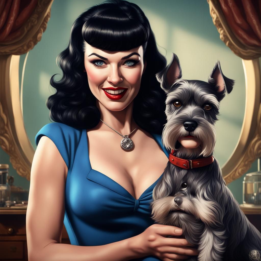 Betty Page Pinup with Schnauzer, Hyperrealistic Digital Art