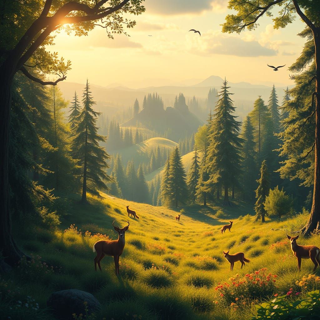 Mystical Forest with Majestic Creatures in a Fantastical Lan...
