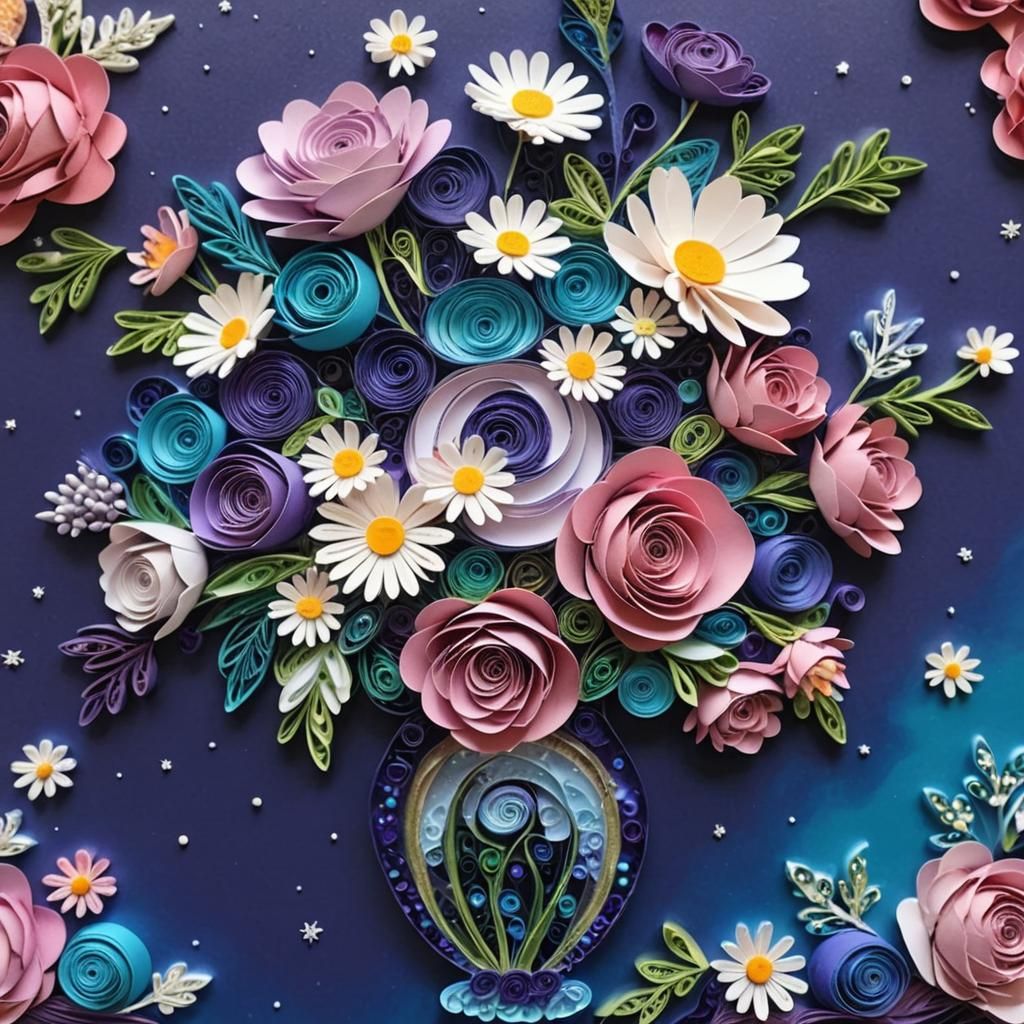 Vibrant Quilling Collage of a Purple Cat under a Full Moon