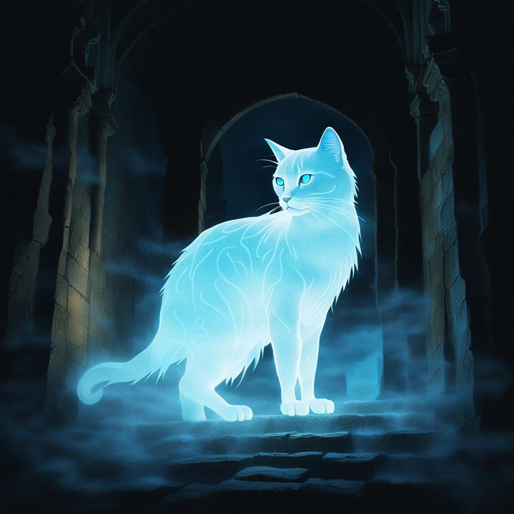 Ethereal Misty Cat Haunts Derelict Castle in Digital Paintin...