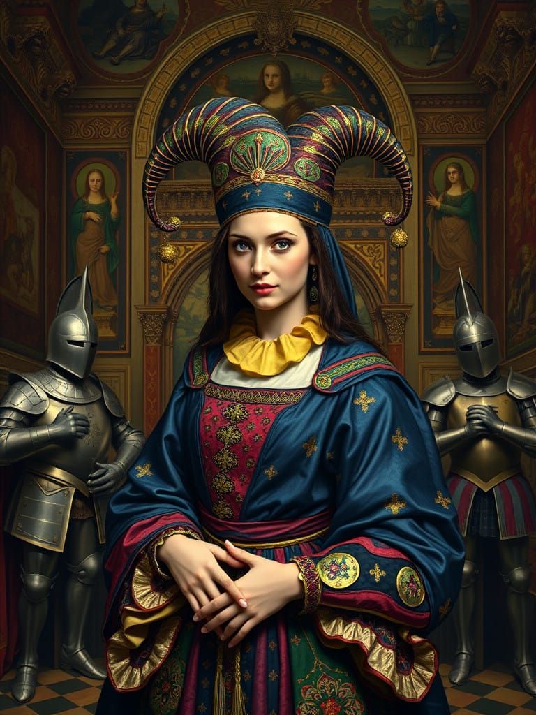 Mysterious Medieval Court Jester in Vibrant, Intricate Attir...