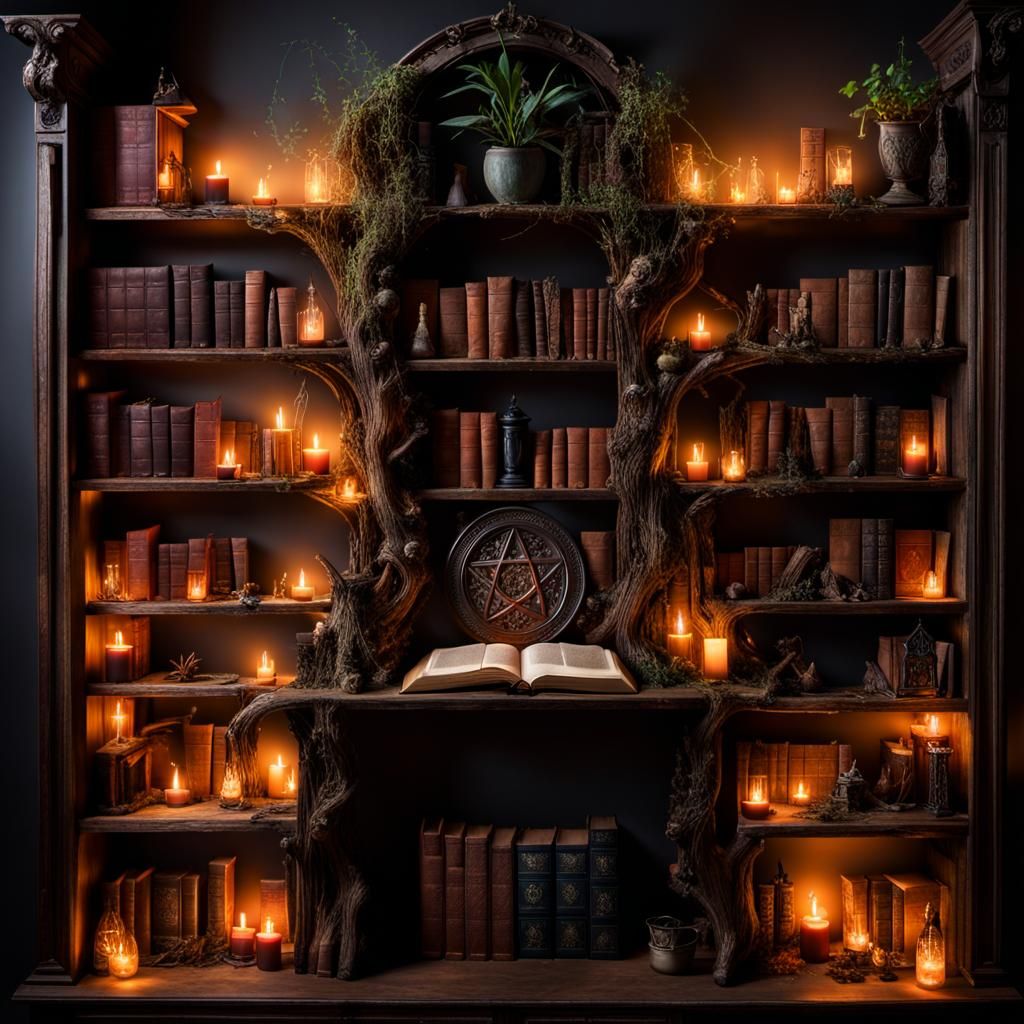 Witch's Bookshelf with Crystals and Glowing Lights