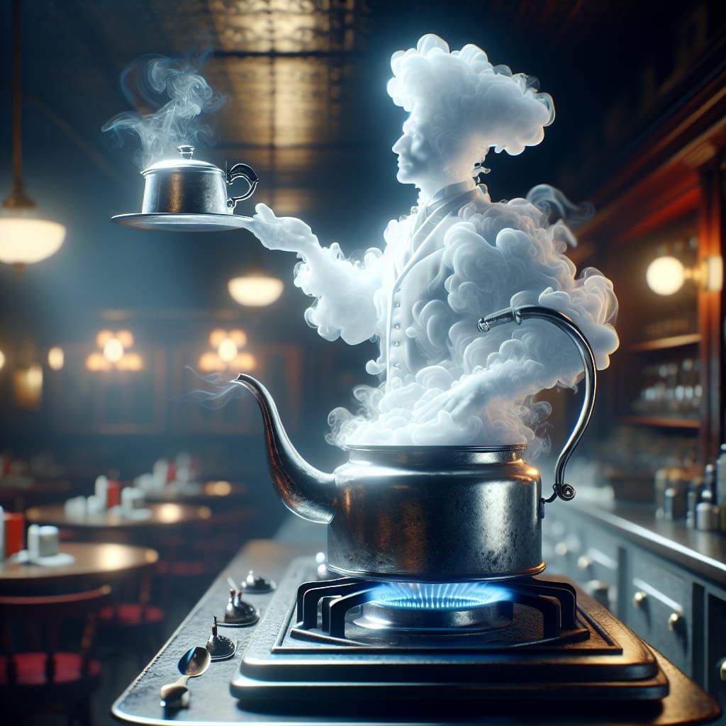 Ethereal Mist Waiter Serving Tea, Photorealistic Illustratio...