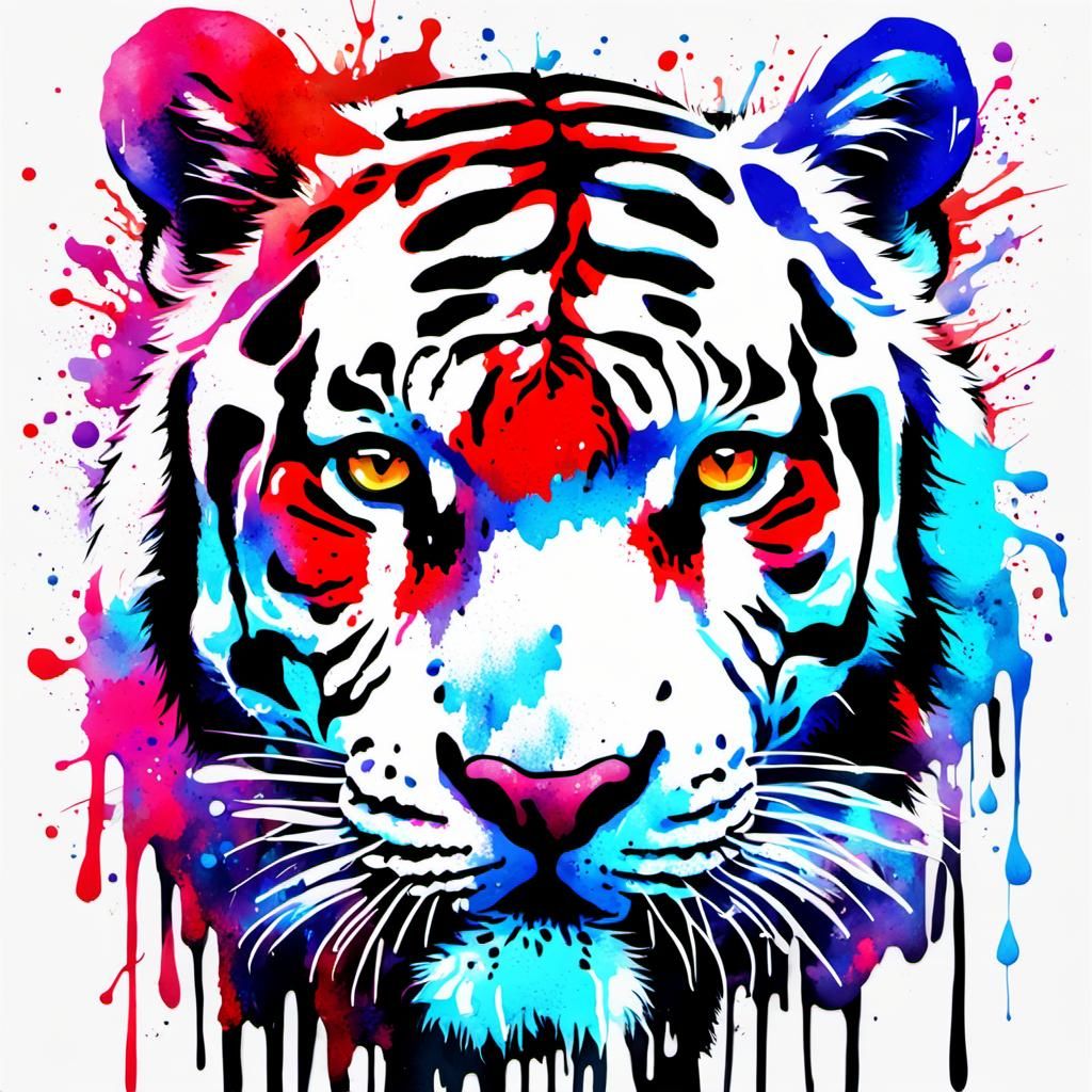 Neon watercolor, drippy paint Tiger
